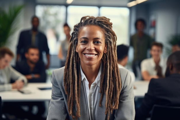 Une femme professionnelle avec des dreadlocks dirigeant une équipe d'entreprise réussie