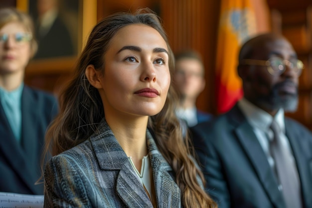 Photo une femme professionnelle écoute attentivement lors d'une conférence d'affaires sérieuse avec divers participants