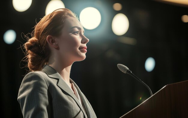 Une femme professionnelle élégante parlant avec confiance sur un podium avec un microphone