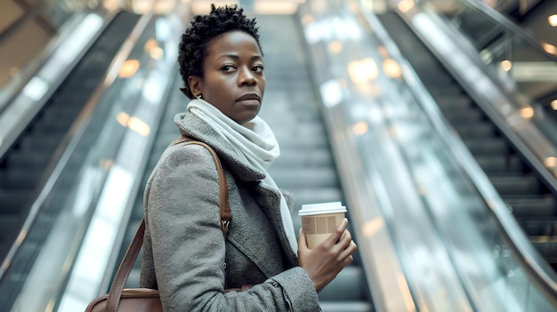 Femme professionnelle sur l'escalier mécanique avec une tasse de café en tenue d'affaires concept de style de vie occupé environnement urbain moderne élégance décontractée IA