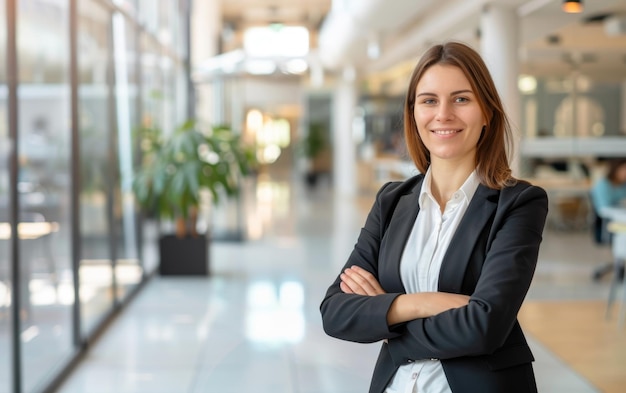 Une femme professionnelle avec une posture confiante dans un costume noir souriante dans une zone de lobby d'entreprise ouverte et lumineuse