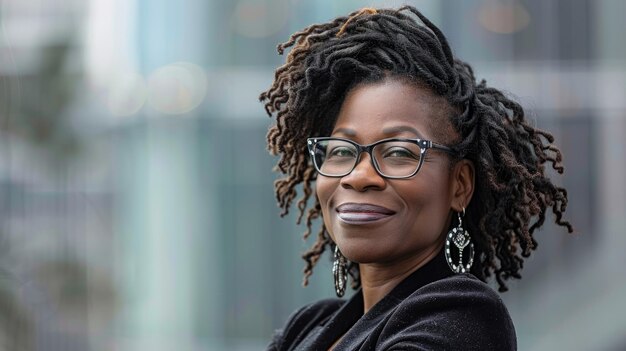 Une femme professionnelle souriante d'âge moyen avec des dreadlocks portant des lunettes et des dreadlock à l'extérieur