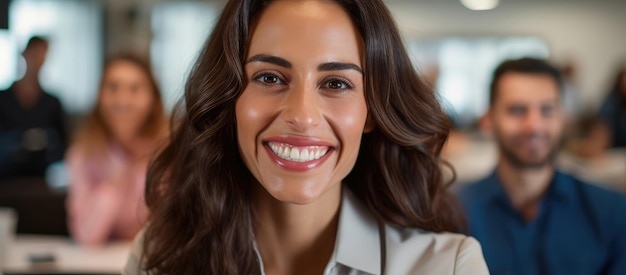 Une femme professionnelle souriante lors d'une réunion d'entreprise