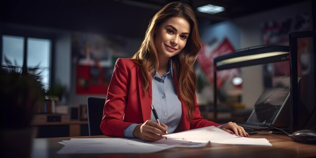 Une femme professionnelle travaillant tard dans un bureau moderne concentrée et souriante un mélange de style et d'efficacité idéal pour la promotion d'entreprise AI