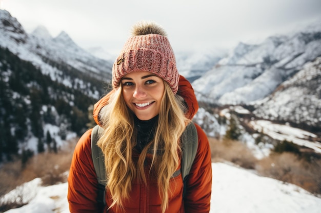 Femme profitant d'une randonnée hivernale en montagne dans un pull douillet