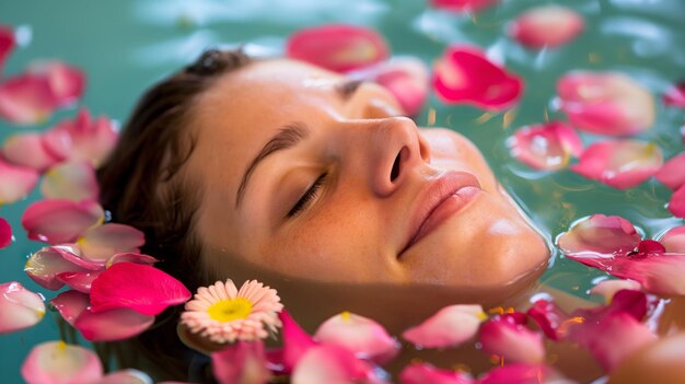 Une femme profite d'un bain aromatique avec des pétales de fleurs