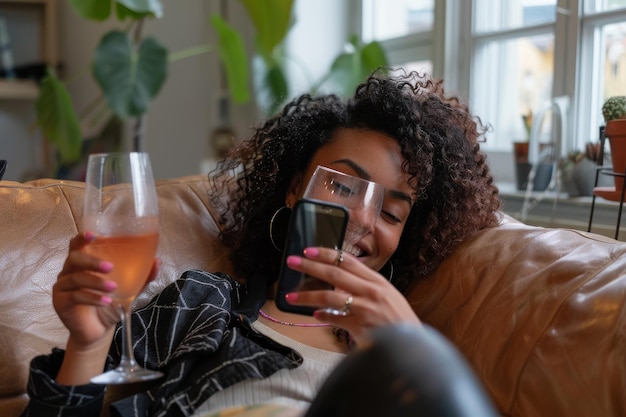 Une femme profite d'un moment de relaxation en parcourant son téléphone avec un sourire un verre de vin à la main dans un bureau lumineux