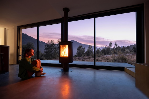 Une femme profite d'une vue magnifique sur les montagnes alors qu'elle est assise à la maison près de la cheminée