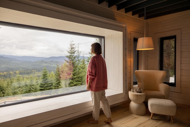 Une femme profite d'une vue panoramique sur les montagnes tout en se reposant dans la maison