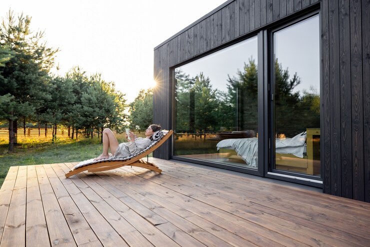 Photo femme profiter de la nature à la maison de campagne