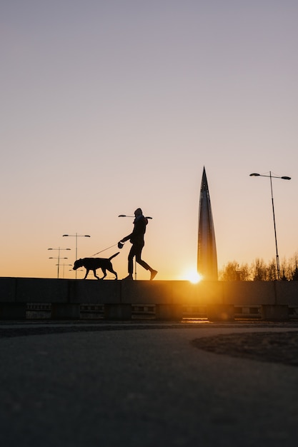 Femme promenant son chien au coucher du soleil beau coucher de soleil sur fond de bâtiments modernes