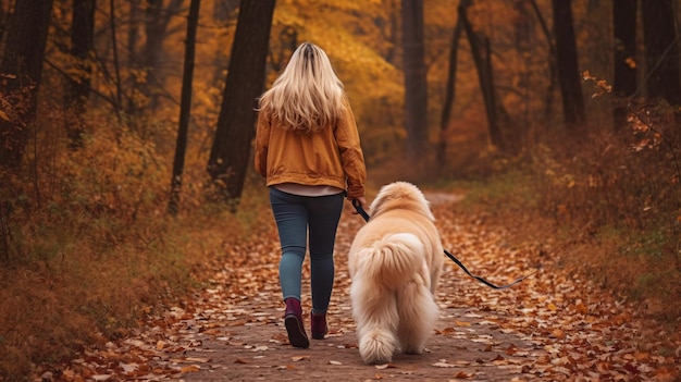 Une femme promène un chien dans les bois