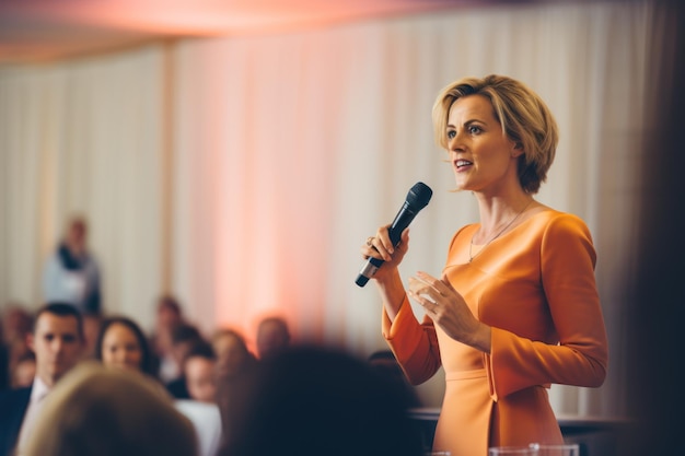 Une femme prononce un discours inspirant lors d'un événement d'entreprise