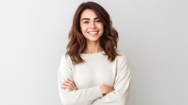 Une femme avec un pull blanc sourit et sourit.