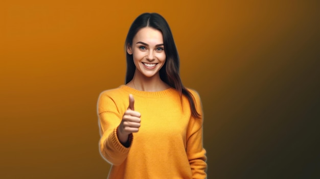 Une femme avec un pull jaune lève le pouce.