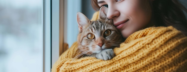 Une femme en pull jaune tenant un chat