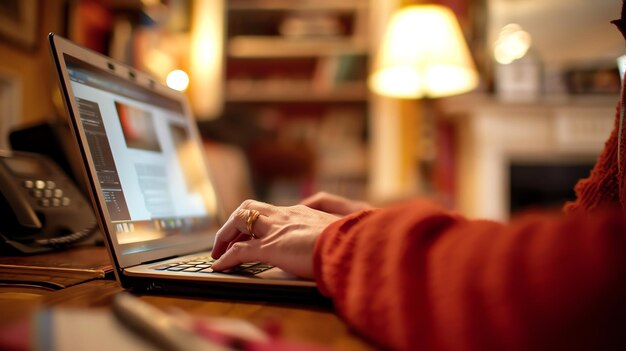 Une femme en pull rouge travaille sur son ordinateur portable dans un bureau à domicile. Elle tape sur le clavier et il y a une lampe sur la table à côté d'elle.