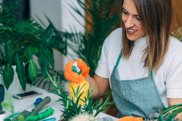 Femme pulvérisant des plantes en pot sur la table