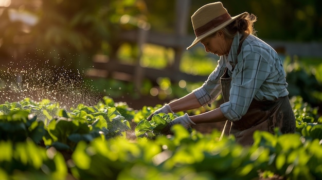 Une femme pulvérise de l'eau sur une plante