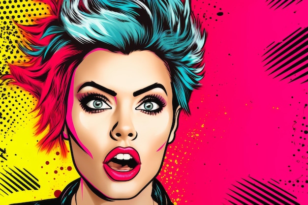 Une femme punk funky avec des lèvres audacieuses sur une toile de fond pop art colorée créée à l'aide d'une IA générative