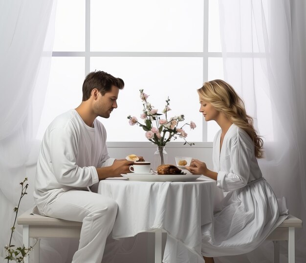 Une femme en pyjama blanc et une pièce lumineuse boit du café ou du thé prend son petit-déjeuner dans une atmosphère calme