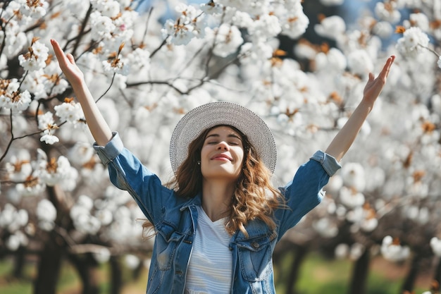 Photo une femme qui apprécie le printemps