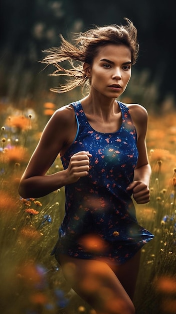 Une femme qui court dans un champ de fleurs