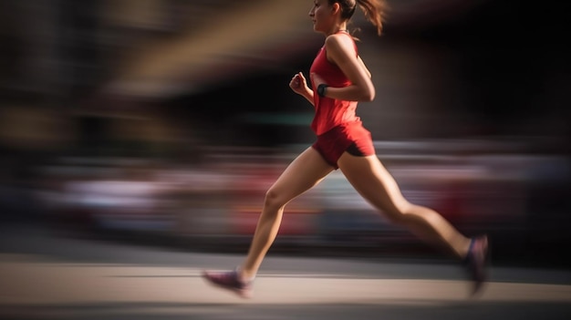 Une femme qui court dans une chemise rouge et un short.