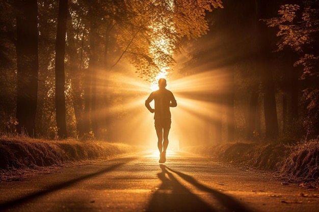 Une femme qui court dans la forêt au coucher du soleil