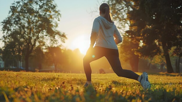 Une femme qui court dans un parc au coucher du soleil dans le style de 32k UHD