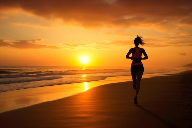 Femme qui court sur la plage au coucher du soleil