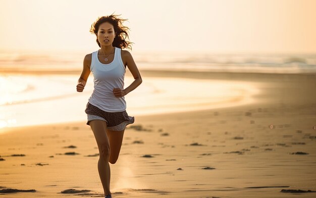 une femme qui court sur la plage avec un haut de réservoir blanc