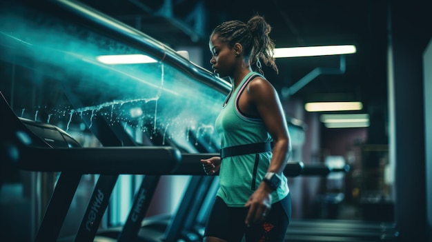 Une femme qui court sur un tapis roulant dans un gymnase.