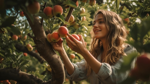 une femme qui cueille des pommes sur un pommier