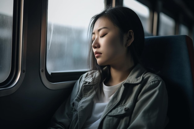 Une femme qui dort dans un bus les yeux fermés.