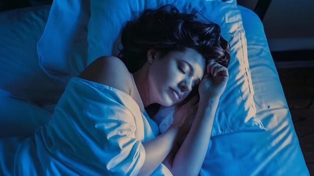 Une femme qui dort dans un lit.