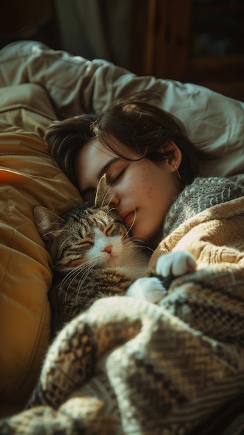 Photo une femme qui dort avec son chat dans le lit ai générative