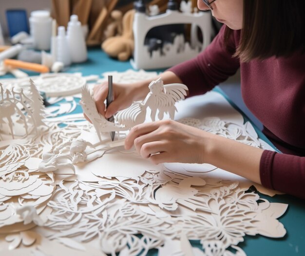 Une femme qui fait des découpes de papier complexes à utiliser