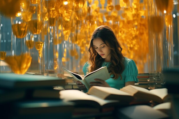 Photo une femme qui lit dans une bibliothèque