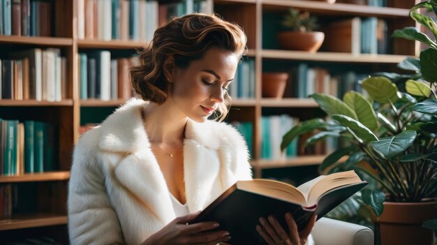 Une femme qui lit un livre à la bibliothèque