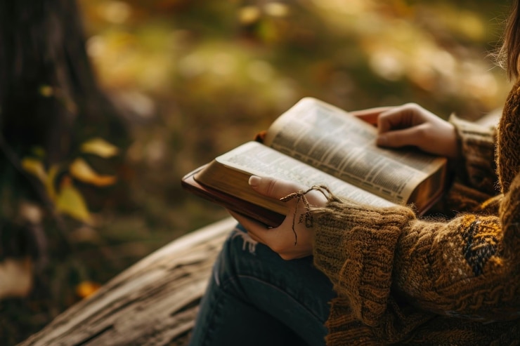 Photo une femme qui lit le livre biblique la spiritualité