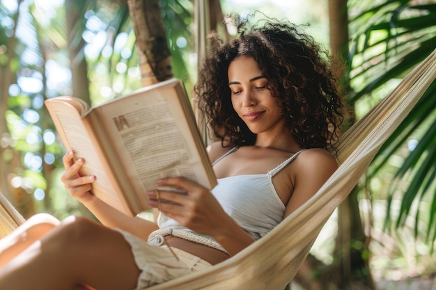 Une femme qui lit un livre dans un hameau.