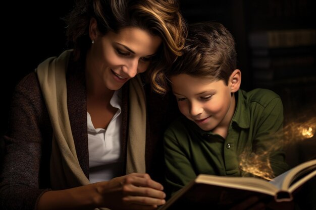 Photo une femme qui lit un livre à un garçon.