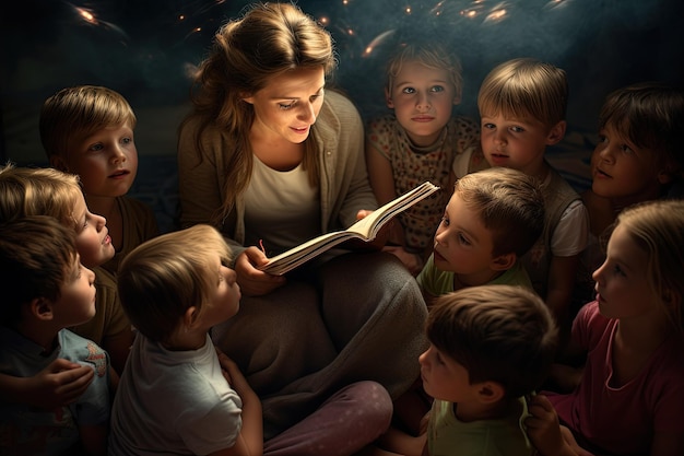 Une femme qui lit un livre à un groupe d'enfants