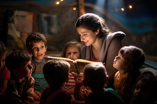 Une femme qui lit un livre à un groupe d'enfants