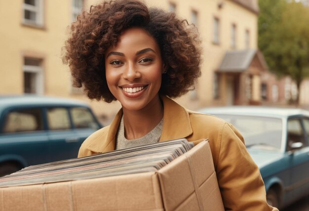 Photo une femme qui livre un colis à l'extérieur avec un sourire. le paysage urbain est visible derrière elle.