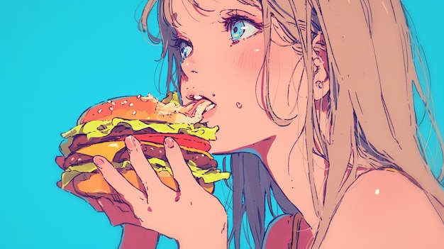 Une femme qui mange un burger.