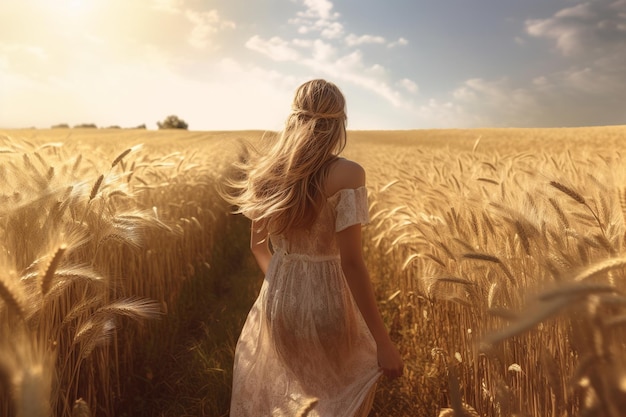 Femme qui marche dans un champ de blé