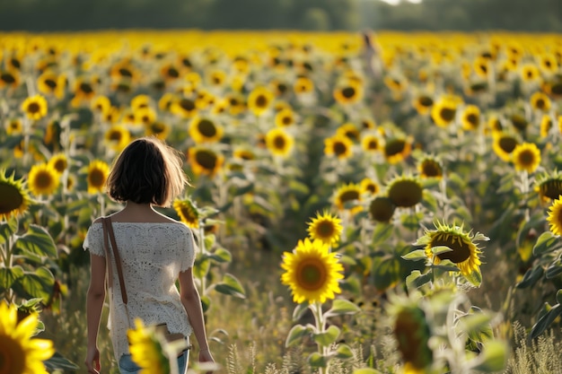 Une femme qui marche dans un champ de tournesols.