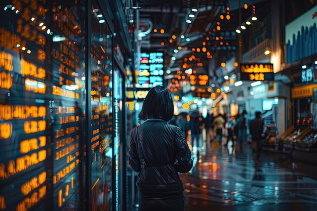 Une femme qui marche dans une rue humide la nuit.